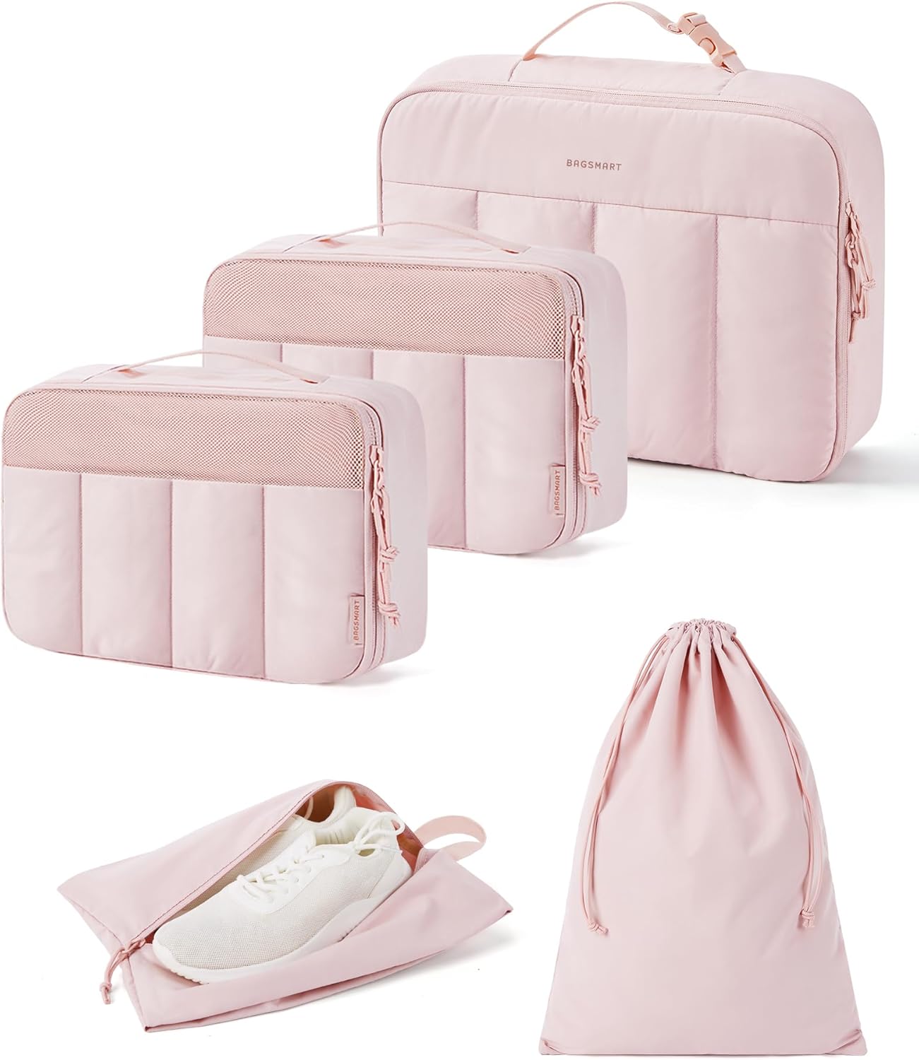 BAGSMART Packing Cubes for Travel Women, Large Capacity Hanging Packing Cubes for Suitcases, Quilted Travel Essentials for Women, Light Pink