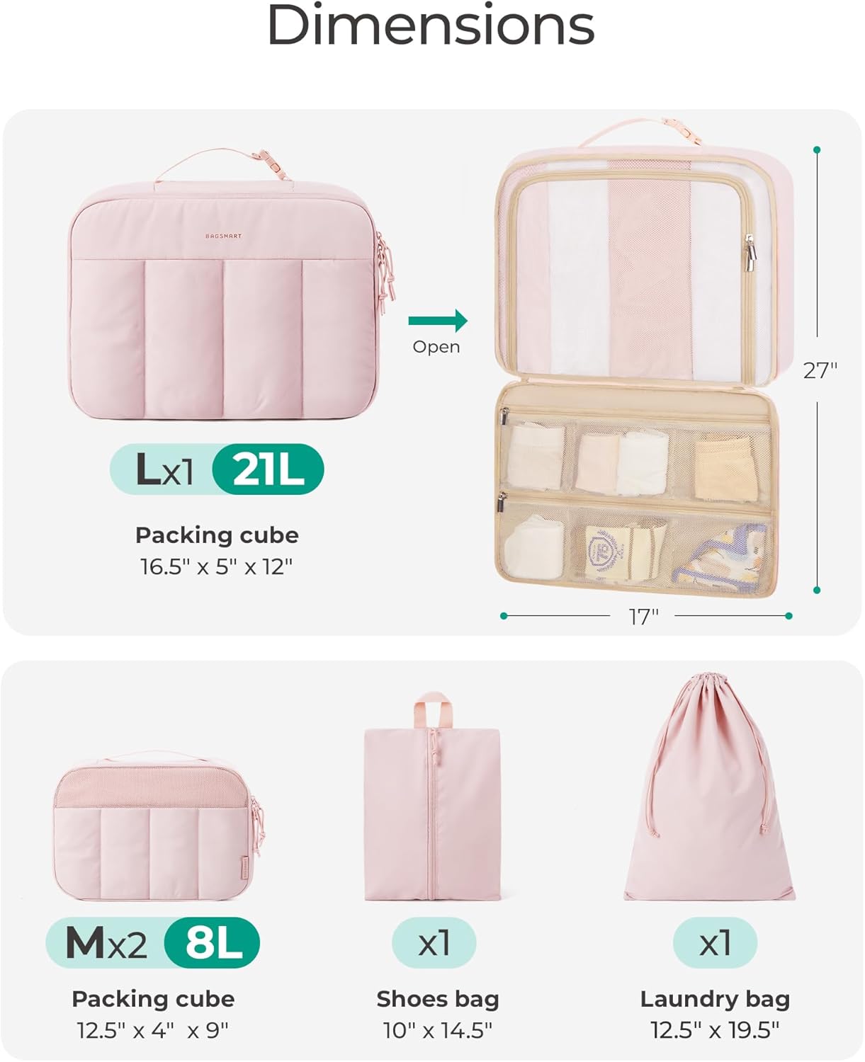 BAGSMART Packing Cubes for Travel Women, Large Capacity Hanging Packing Cubes for Suitcases, Quilted Travel Essentials for Women, Light Pink - Image 3
