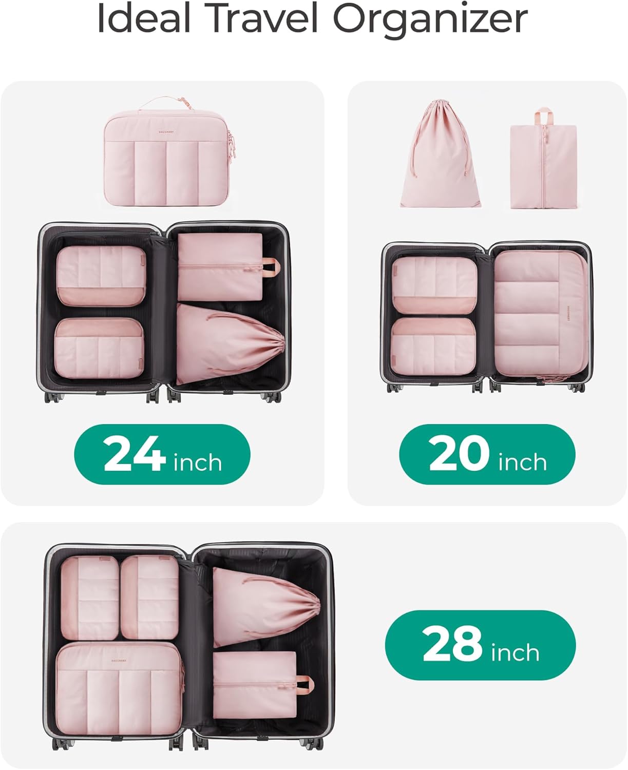 BAGSMART Packing Cubes for Travel Women, Large Capacity Hanging Packing Cubes for Suitcases, Quilted Travel Essentials for Women, Light Pink - Image 4