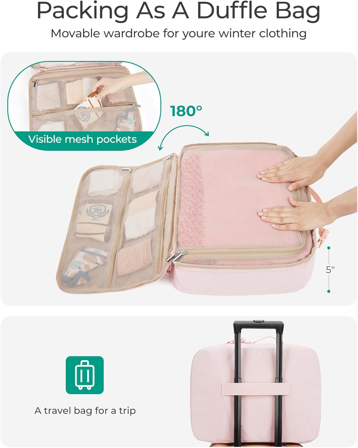 BAGSMART Packing Cubes for Travel Women, Large Capacity Hanging Packing Cubes for Suitcases, Quilted Travel Essentials for Women, Light Pink - Image 5